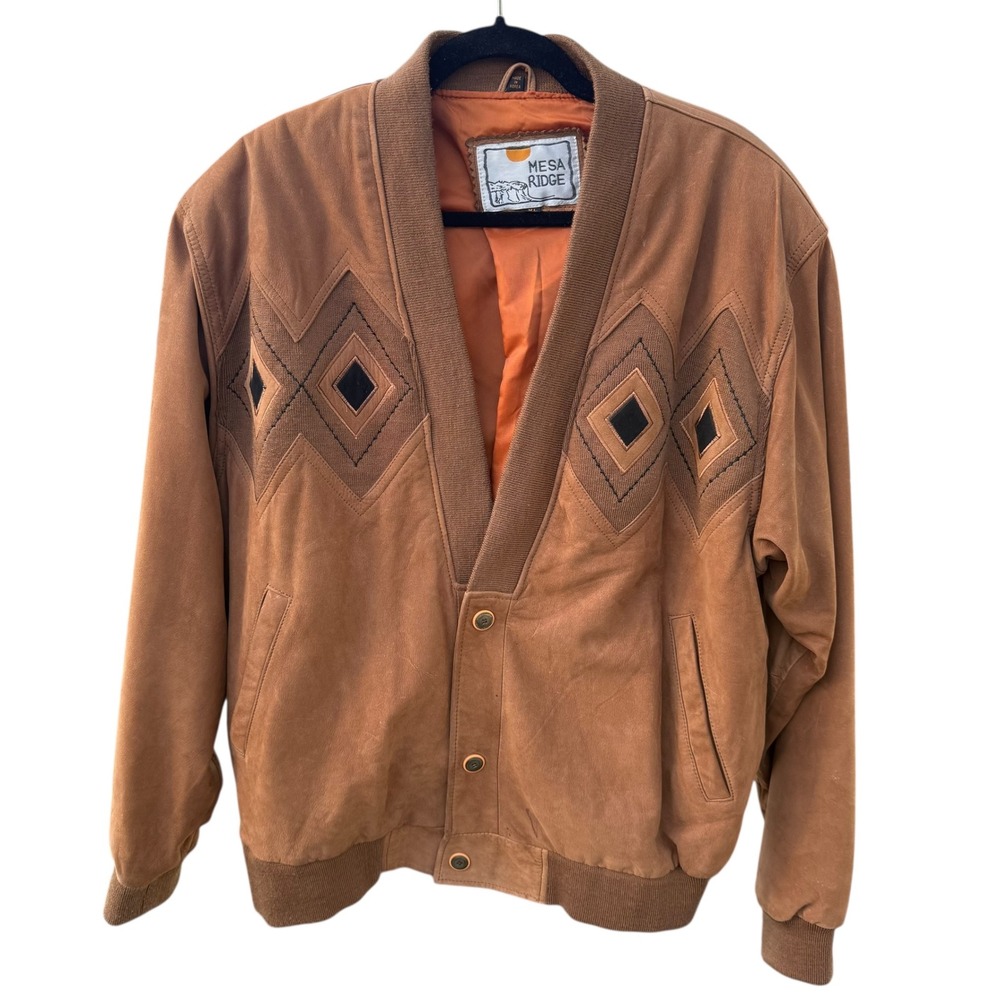 Mesa Ridge Mens Brown Suede Bomber Jacket Geometric Southwest Design Size XL VTG